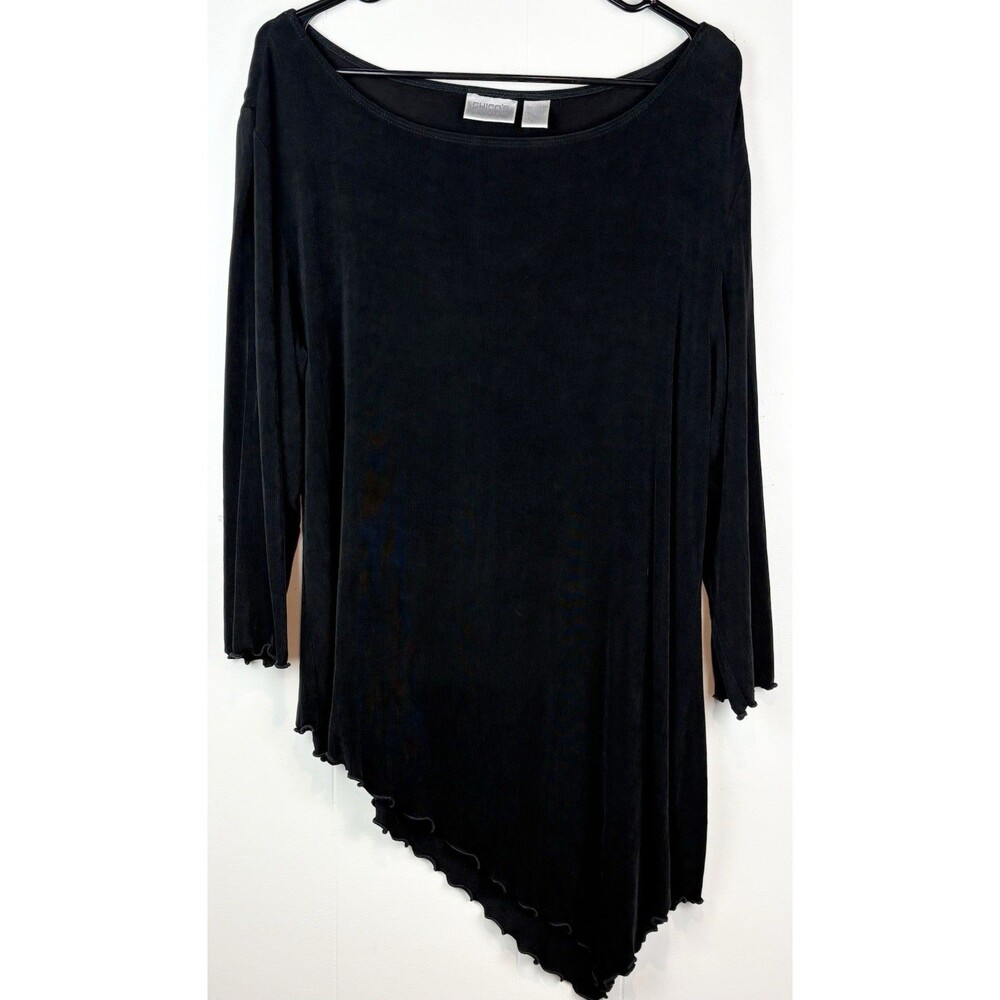 Chicos Travelers Sz 3 Black Tunic Blouse Asymmetrical Lagenlook Office Workwear - Picture 2 of 5